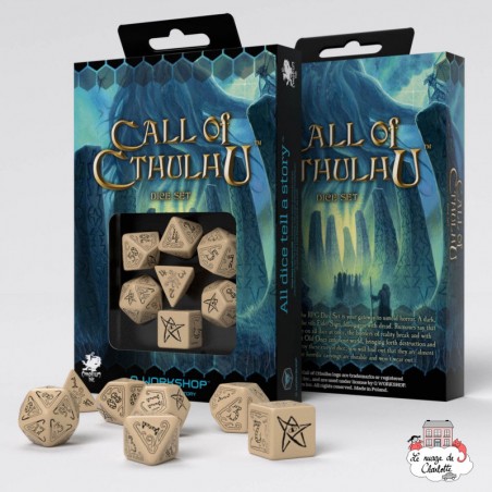 Set de dés Call of Cthulhu - Beige & noir [7 dés] - QWO-SCTH18 - Q Workshop - Dés, sacs et autres accessoires - Le Nuage de C...