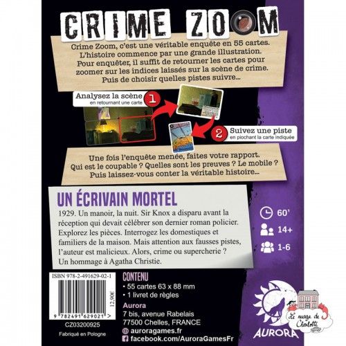 Crime Zoom – Un écrivain mortel - AUR-01351 - Aurora Games - Jeux de société - Le Nuage de Charlotte