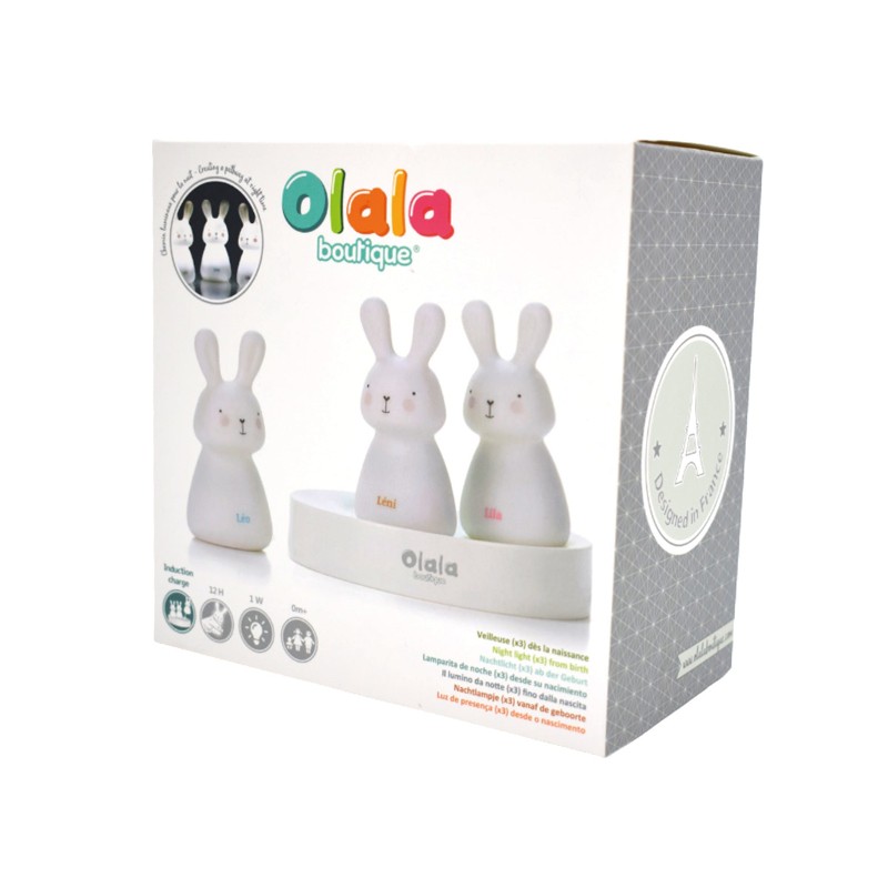 Veilleuses Trio Léo, Léni & Lila Lapin LED - OLA-A/XY-GR-30 - Olala boutique - Luminaires, veilleuses, ... - Le Nuage de Char...