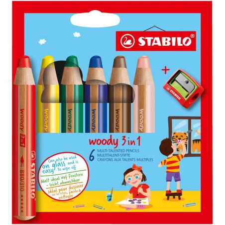 STABILO woody 3 en 1 pack de 6 avec un taille-crayon - STAB-8806-3 - Stabilo - Stylos, crayons, ... - Le Nuage de Charlotte