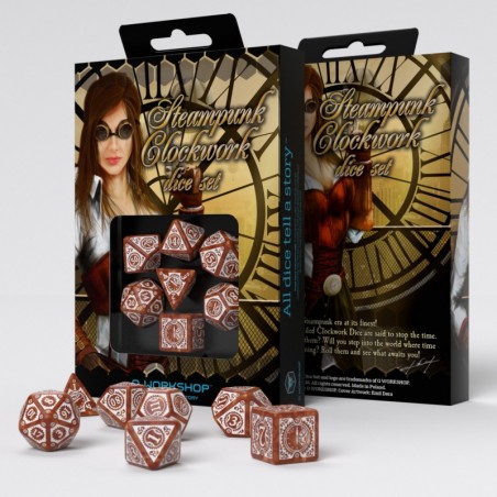 Set de dés Steampunk Clockwork - Caramel & blanc [7 dés] - QWO-SSTC03 - Q Workshop - Dés, sacs et autres accessoires - Le Nua...