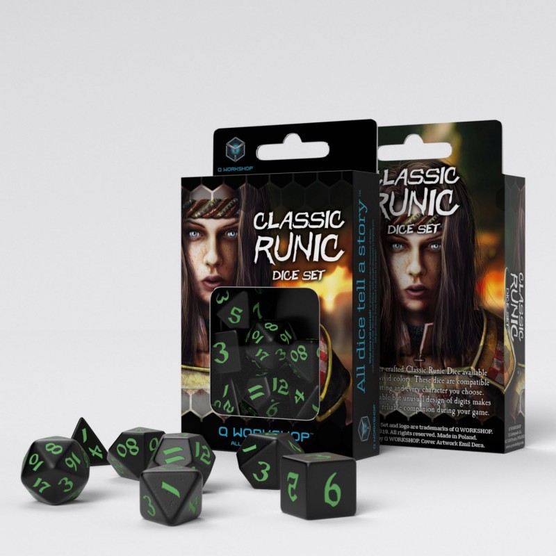 Classic Runic Dice Set - Black & green [7 dices] - QWO-SCLR02 - Q Workshop - Dices, bags and other accessories - Le Nuage de ...