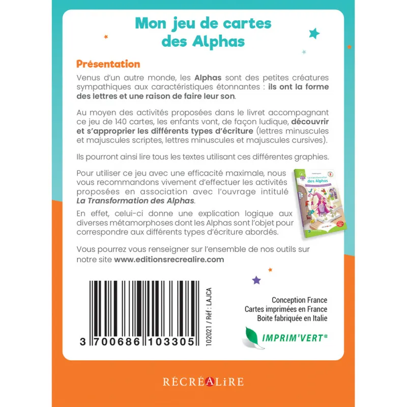 Mon jeu de cartes des Alphas - 142 cartes pour apprendre les différents types d'écriture - RECR-3700686103305 - Editions Récr...