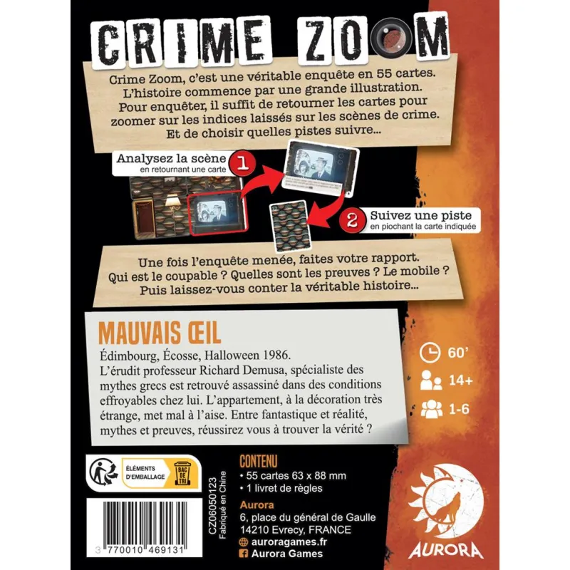 Crime Zoom – Mauvais Oeil - AUR-AURCRI06FR - Aurora Games - Jeux de société - Le Nuage de Charlotte